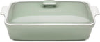 Stoneware Casserole Dish Bakeware Set with Lid, Covered Rectangular Dinnerware, Large 3.2 Quart, 11 by 9 Inch, Verde Salvia [Sage Green]