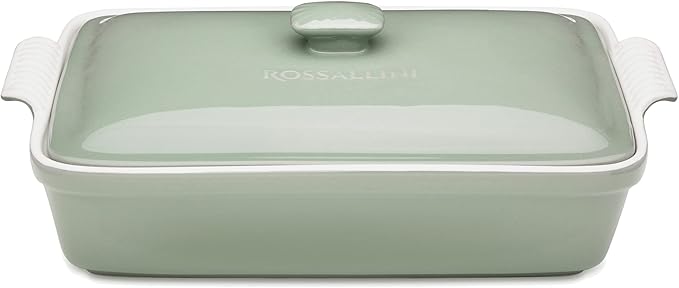 Stoneware Casserole Dish Bakeware Set with Lid, Covered Rectangular Dinnerware, Large 3.2 Quart, 11 by 9 Inch, Verde Salvia [Sage Green]