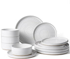 Stoneware Dinnerware Sets, Dish Set for 4, 12 Pieces Spiral Dishware Set with Straight Rim, Speckles & Reactive Glaze - Microwave and Dishwasher Safe Tableware, White