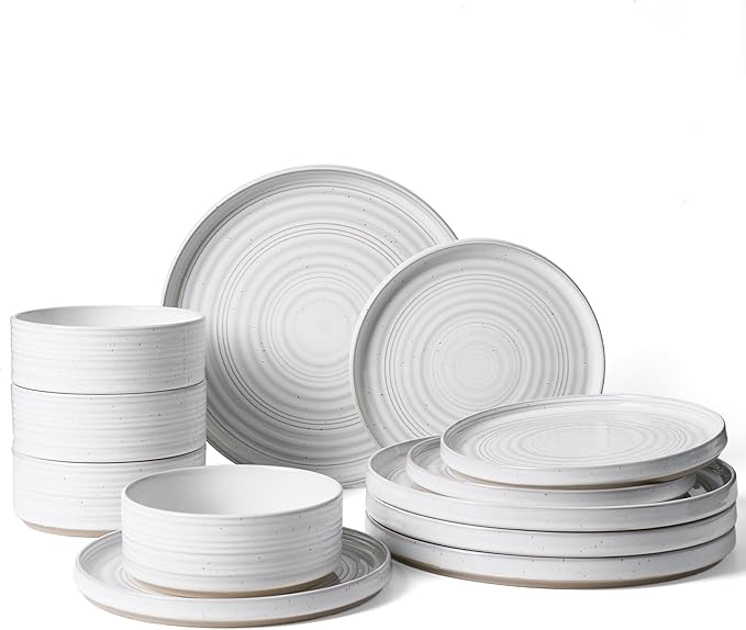Stoneware Dinnerware Sets, Dish Set for 4, 12 Pieces Spiral Dishware Set with Straight Rim, Speckles & Reactive Glaze - Microwave and Dishwasher Safe Tableware, White
