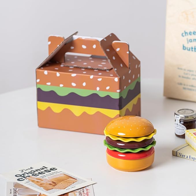 Mini Ceramic Sauce Plates Sets (6 Pieces), Cute Hamburg Style Dessert Plates & Snack Bowls with Lid Sets. Novel Tableware Gift.