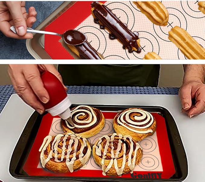 Small Macaron Silicone Baking Mat, 3 Pack Quarter Sheet Baking Mats (11.8 x 8.5 IN), Silicone Baking Sheet for Macarons, Cookies, Pastry, Pizza (Red, Blue, Grey)