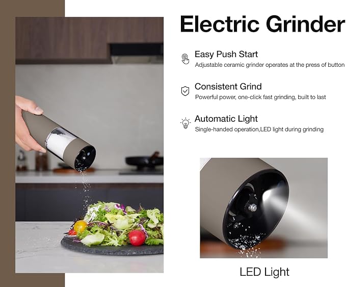 Stainless Steel Rechargeable Electric Salt and Pepper Grinder Set, USB Charging with Dust Cover, 6 Adjustable Grinding Modes + LED Light 2packBrown