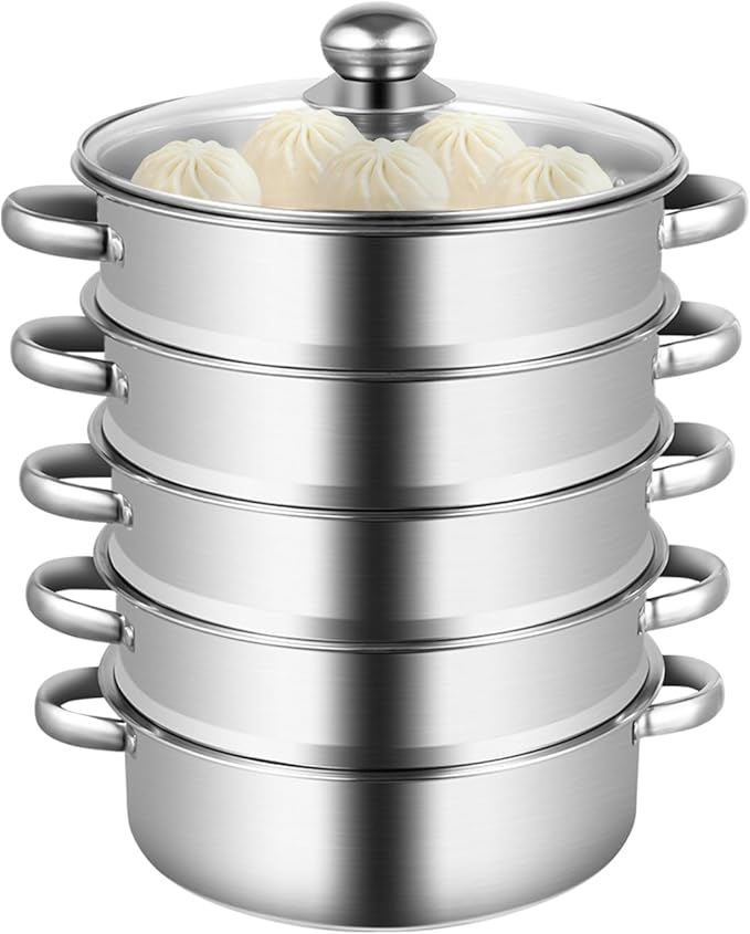 5 Tier Layer Stainless Steel Steamer Pot, 304 Food Grade Steel Multipurpose Steam Cookware Steaming Pot with Stackable Pan and Lid for Cooking Corn,Dumpling,Fish (Silver, 5 Tier - 26cm)