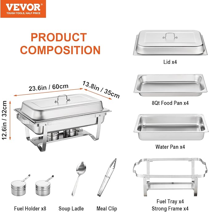 VEVOR Chafing Dish Buffet Set, 8 Qt 4 Pack, Stainless Chafer with 4 Full Size Pans, Rectangle Catering Warmer Server with Lid Water Pan Folding Stand Fuel Tray Holder Spoon Clip