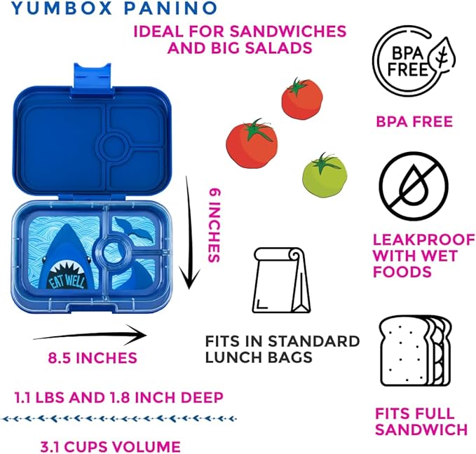 Yumbox Tapas Leakproof Bento Lunch Box Container (Monte Carlo Blue with Shark Tray) 4 Compartment Sandwich Friendly Tray. Pack Sandwiches, Wraps, Bagels and more.