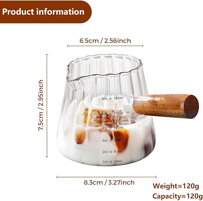 YARRAMATE 2 Pack 6 oz/180ML Glass Measuring Cup with Wooden Handle – Espresso Shot Cups, Ribbed Milk Frothing Pitcher, Dual Scale Markings, V-Shaped Mouth for Easy Pouring