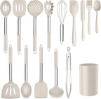 Silicone Cooking Utensils Set of 15, Kitchen Utensils Set with Holder for Nonstick Cookware, 446°F Heat Resistant Stainless Steel Handle - Khaki