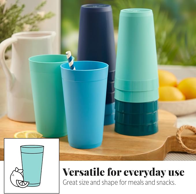 US Acrylic Newport 20 ounce Unbreakable Plastic Stackable Water Tumblers in 4 Coastal Colors | Set of 12 Drinking Cups | Reusable, BPA-free, Made in the USA, Top-rack Dishwasher and Microwave Safe