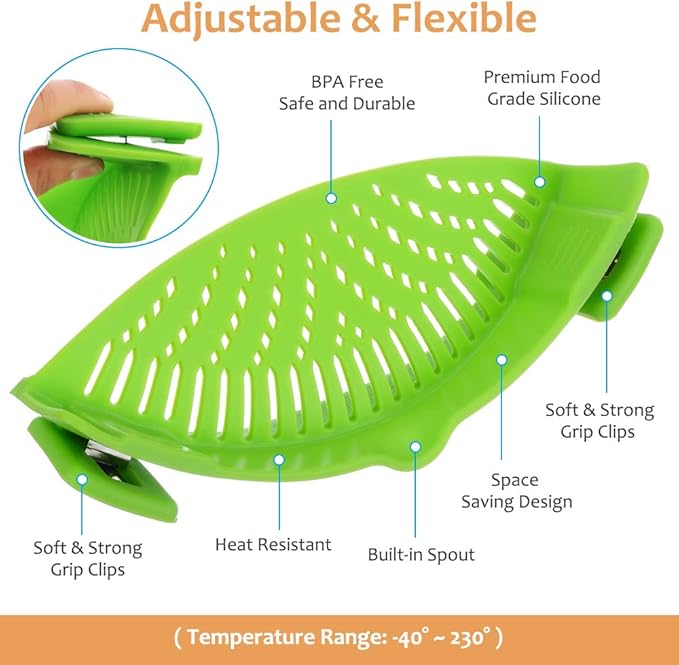 YEVIOR Clip on Strainer for All Pots Pan Pasta,Silicone Food Strainer Hands-Free Pan Strainer, Clip on Kitchen Gadgets Food Strainer for Spaghetti, Pasta, Ground Beef Fits All Bowls and Pots (Green)