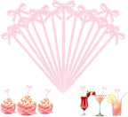 100Pcs Pink Toothpicks Plastic Bow Cocktail Picks Long Fruit Skewers Christmas Bow Drink Stirrers Cupcake Toppers Fancy Toothpick for Appetizers Drinks Wedding Coquette Birthday Bow Party Decorations