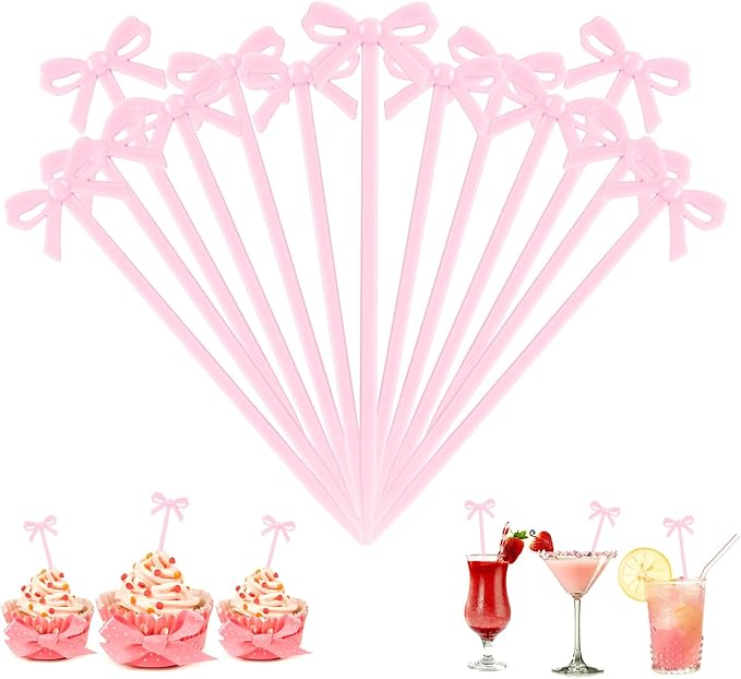 100Pcs Pink Toothpicks Plastic Bow Cocktail Picks Long Fruit Skewers Christmas Bow Drink Stirrers Cupcake Toppers Fancy Toothpick for Appetizers Drinks Wedding Coquette Birthday Bow Party Decorations