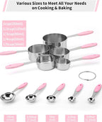 Joyhill Stainless Steel Measuring Cups and Spoons Set of 10 Piece, Nesting Metal Measuring Cups Set with Soft Touch Silicone Handles for Dry and Liquid Ingredients, Cooking & Baking (Pink)