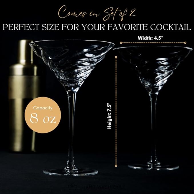 Vortex Martini Glasses – Elegant Twisted Rib Design, Lead-Free Crystal Cocktail Glasses with Stem – Gift-Boxed Barware for Women, Men, Mixologists & Special Occasions (Set of 2)
