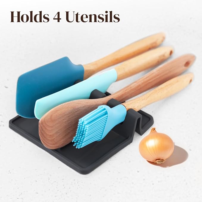 Black Silicone Spoon Rest for Stove Top with Drip Pad (Two Pack) - Heat-Resistant, BPA-Free Utensil Rest & Spoon Holder for Kitchen Counter - Grill Utensil Holder for Spatulas, Tongs, Ladles
