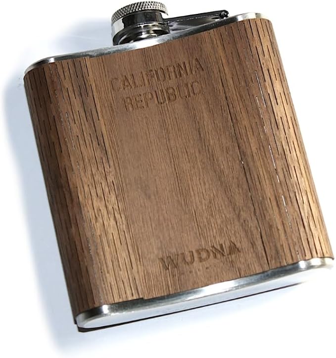 WUDN 6 oz. Wooden Hip Flask - Stainless Steel Body, California Inlay in Black Walnut & Bamboo