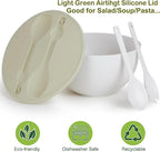 10" Large Salad Bowl with Sealed Lid & Serving Utensils,135Oz, White Big Bamboo Fiber Salad Serving Bowl with Servers for Mixing/Serving (Silicone Light Green Lid)