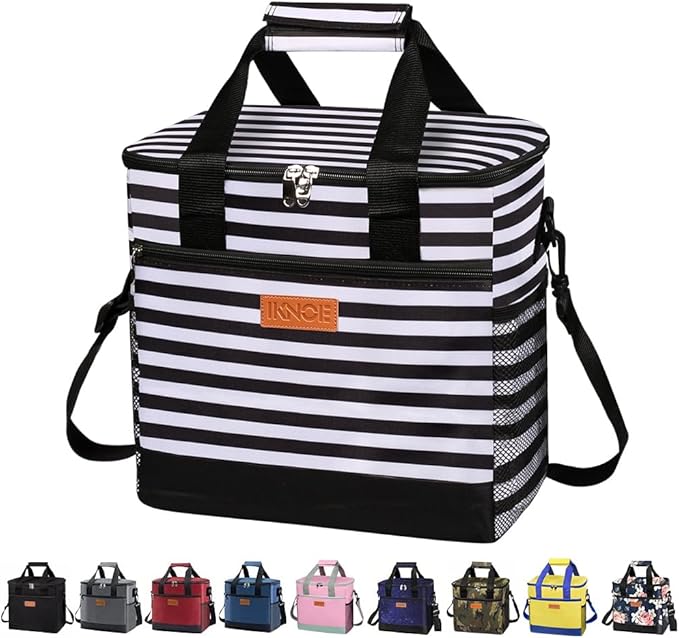 iknoe Large Cooler Bag Collapsible, 15L Insulated Bags, Leakproof Lunch Cooler Tote with Multi-Pockets for Adult, Insulated Lunch Box for Beach, Picnic,Work, Stripe 24-Can