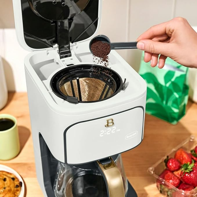 Beautiful 12-Cup Programmable Coffee Maker with Touch-Activated Display, Auto Brew Timer, Reusable Filter & Large Glass Carafe (White Icing)