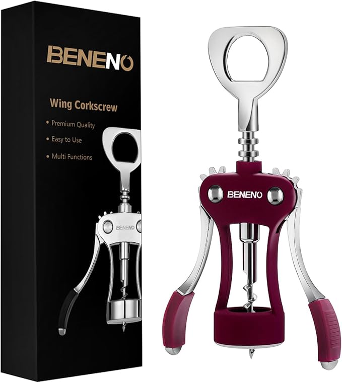 Beneno Wine Opener, Zinc Alloy Premium Wing Corkscrew with Multifunctional Bottles Opener, Sharp Wine Corkscrew with Ergonomic Non-Slip Wing Handle, Upgrade Purple