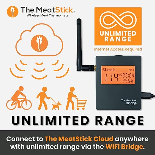 MeatStick WiFi Bridge Set | 2-Probe Package | Smart Wireless Meat Thermometer | Unlimited Range Digital Food Probe with Bluetooth | for Smoking, Grilling, BBQ, Air Fryer, Deep Frying, Oven, Rotisserie