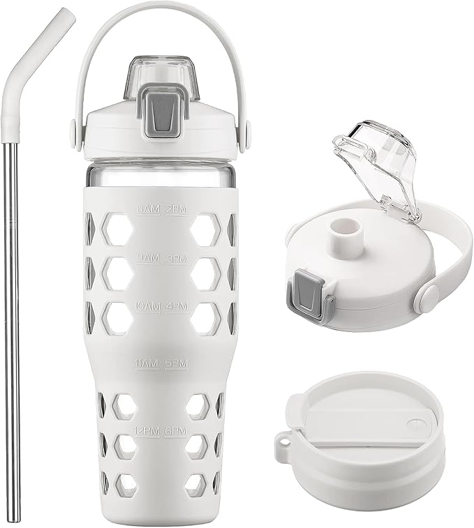 MUKOKO 32 oz Glass Tumbler with Straw,Glass Water Bottles with Time Marker,Iced Coffee Cup with 2 Lids-Handle Spout Lid&Straw Lid,Silicone Sleeve,Leakproof,1 Pack-White