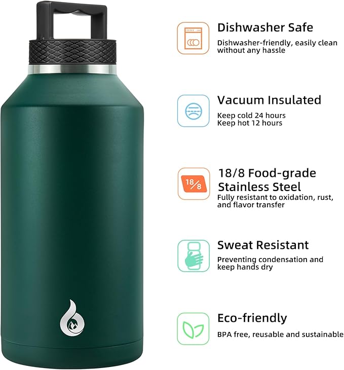 BJPKPK Half Gallon Water Bottle Insulated, Dishwasher Safe 64 oz Water Bottle with Handle, Leakproof BPA Free Water Jug, Large Stainless Steel Thermos for Sports, Army Green