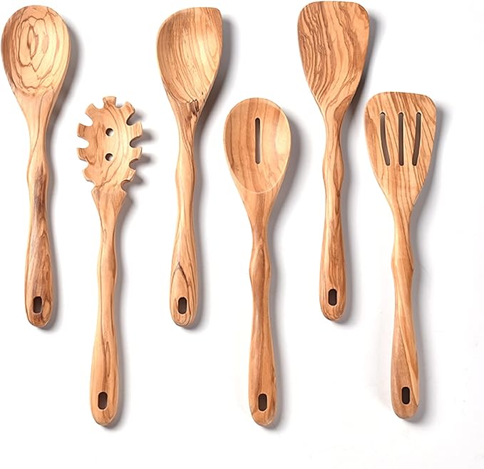 Gudamaye 12 inch Olive Wooden Utensils for Cooking, Long Handle Wooden Spoons for Cooking, 6 PCES Crafting Wooden Spoon Set, Wooden Kitchen Utensil set, Natural Olive Wood utensil Set