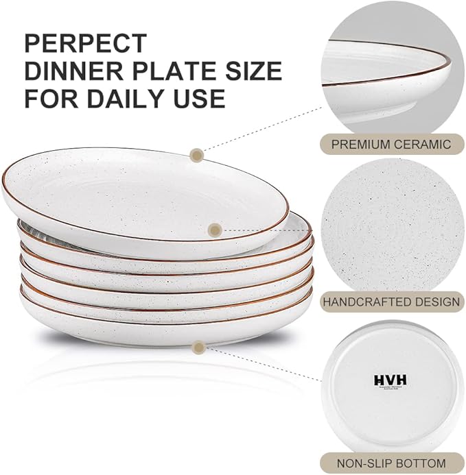HVH Porcelain Dinner Plates Set of 6, 10.25 inch Ceramic Plates Set, Large Dinner Plates Set for Dinner, Salad, Ceramic Dinner Plates, Healthy Dinner Plates Set of 6, Farmhouse Style (White)