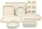 Martha Stewart Gallen 10 Piece Baking Pans Ceramic PFA Free Non Toxic Non Stick Bakeware Set - Linen White