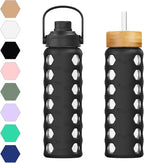 MUKOKO 24oz Glass Water Bottle with 2 Lids-Handle Flip Lid&Bamboo Straw Lid,Motivational Water Tumbler with Time Marker Reminder and Silicone Sleeve, Leakproof-Black