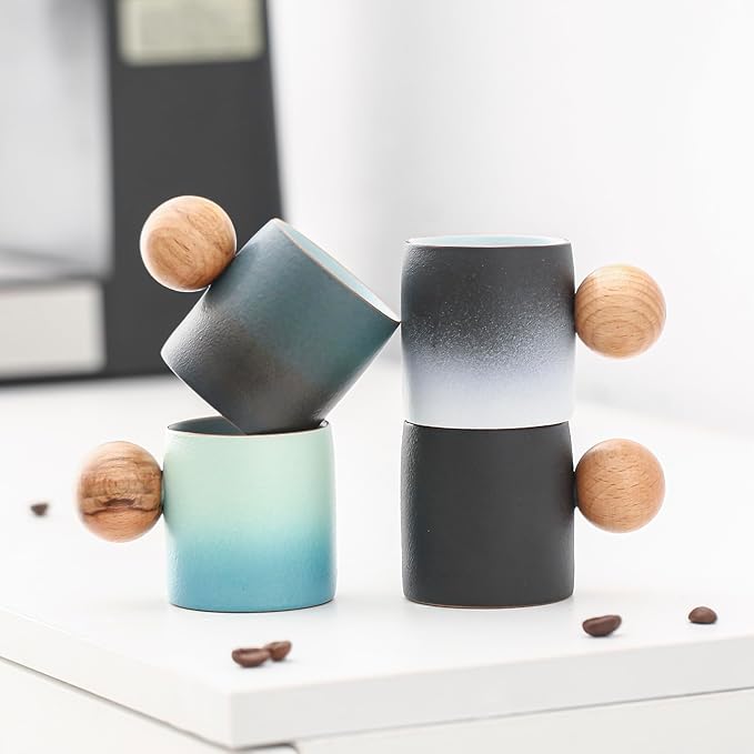 2-Oz Ceramic Espresso Cups with Wood Handle, 2/4-Piece Set for Coffee, Tea, Latte - Dishwasher Safe, Multi-Color & Wood Styles, Gift & Café Use (black, Round Handle4)