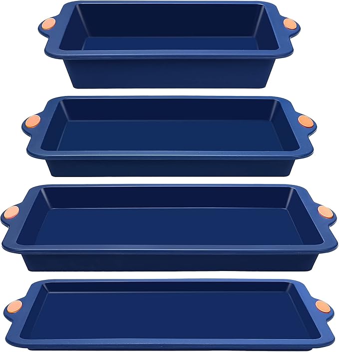 To encounter Silicone Baking Pans Set, 4 Pieces Nonstick Bakeware Set with Baking Pans, Baking Sheets, Cookie Sheets, Cake Pan with Grips and Metal Reinforced Frame More Strength, Navy Blue