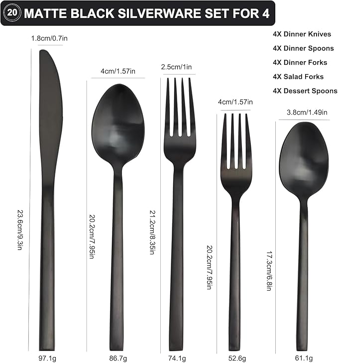 20 Piece Silverware Set for 4,Stainless Steel Flatware Set,Tableware Cutlery Set for Home and Restaurant Include Forks Knives Spoons,Mirror Finish,Dishwasher Safe (Black)