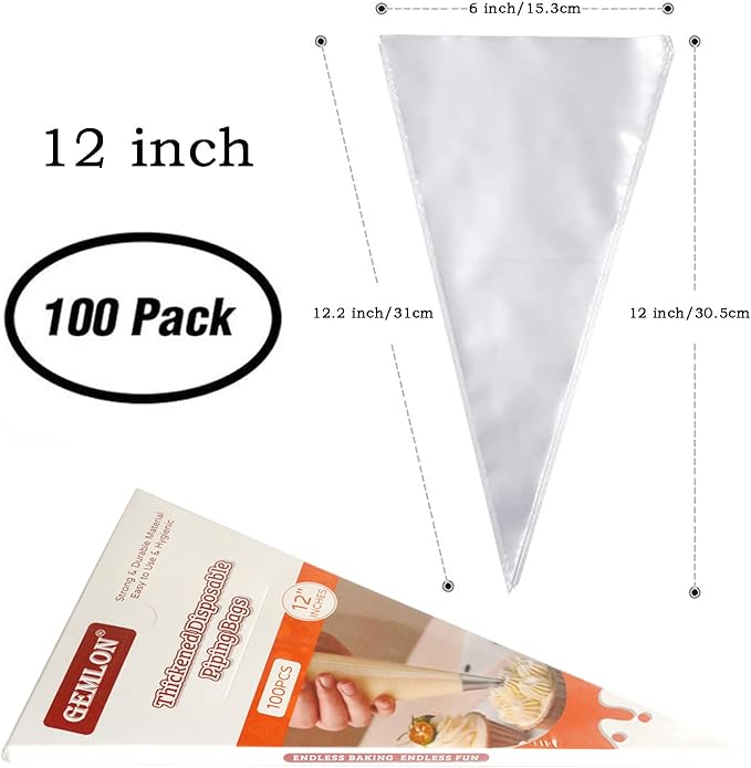 GEMLON Disposable Piping Bags – 12 Inch Clear Pastry Bags (100PCS) for Cake & Cookie Decorating, Anti-Burst Icing Bags for Frosting, Chocolate & Royal Icing – Durable Plastic Baking Supplies