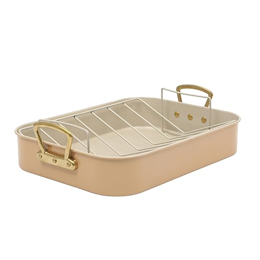 Gibson Home Broxton 2-Piece Nonstick Roaster Pan with Rack – 16 x 12 Inch Apricot Turkey Roasting Pan with Cast Aluminum Gold Handles – Oven-Safe, Easy-Clean, Holiday Cookware