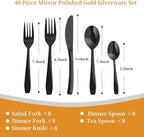 Black 40 Piece Silverware Set,Stainless Steel Flatware Set for 8,18/0 Rust-Proof Cutlery Set with Forks & Spoons,Mirror Polished Dishwasher Safe - Heavy Duty Tableware for Home & Dining