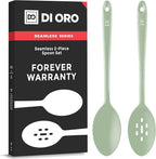 DI ORO Silicone Spoons for Cooking - Large Kitchen Spoons for Mixing, Serving, & Stirring - 600°F Heat-Resistant Non Stick Utensils – Big Solid & Slotted Basting Spoons - Dishwasher Safe (2pc, Sage)