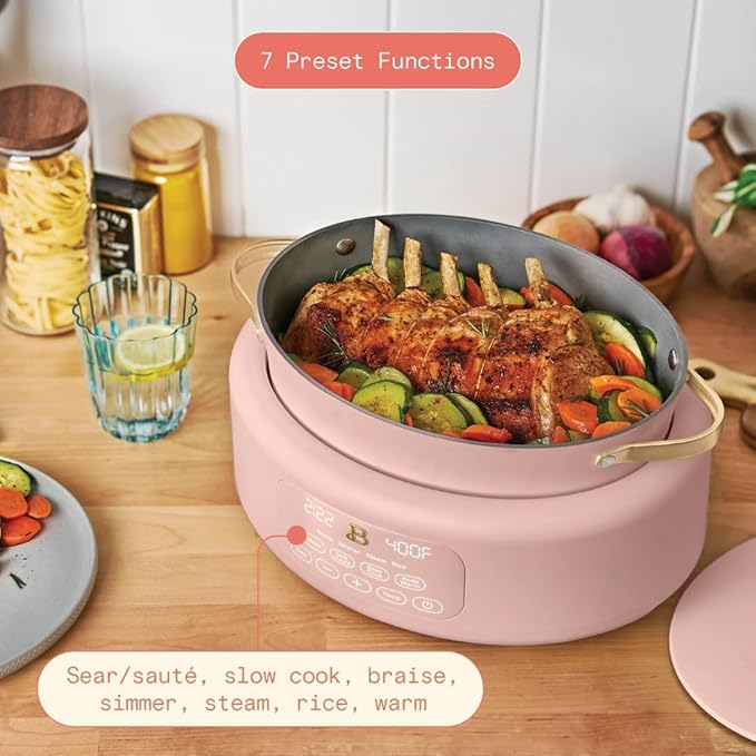 Beautiful 10-in-1 6-Quart Electric Multi-Cooker with Ceramic Coated Pot, Oven Safe to 400°F, Easy Cleanup & Multi-Function Cooking, by Drew Barrymore (Rose)