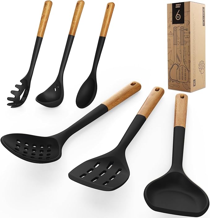 Large Silicone Cooking Utensils Set - Heat Resistant Silicone Kitchen Utensils for Cooking w Wooden Handles, Spatula Set, Kitchen Utensil Gadgets Sets for Non-Stick Cookware, BPA Free (Black)