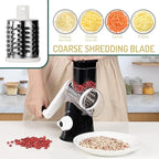 Rotary Cheese Grater with Handle Vegetable Shredder Round Kitchen Slicer Mandoline Grater for Vegetable, Nuts, Chocolate, Chesse, White, 3 Stainless Steel Blades