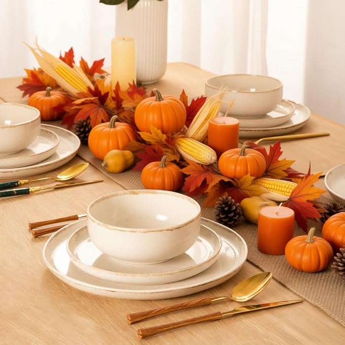 AmorArc Ceramic Dinnerware Sets, Wavy Rim Stoneware Plates and Bowls Sets, Highly Scratch Resistant | Dishwasher & Microwave Dishes set, Service for 8 (24pc)-Speckled Cappuccino