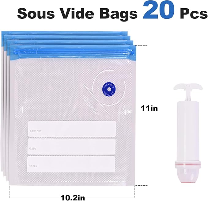 Sous Vide Bags, 20 PCS 10"X11" Reusable Vacuum Seal Bags for Food,Vacuum Zipper Sealer Bag with Hand Pump, Sous Vide Cooking,Freezer Safe,Microwave Heating and Food Storage