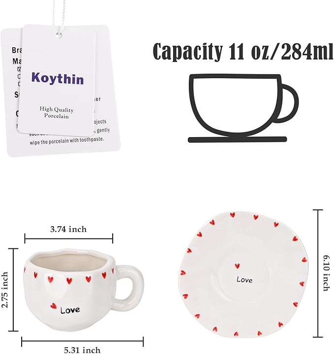 Koythin Ceramic Coffee Mug with Saucer Set, Cute Creative Love Heart Cup Unique Irregular Design for Office and Home, 10 oz/300 ml for Latte Tea Milk