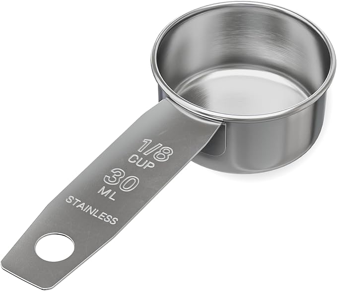 1/8 Cup Stainless Steel Measuring Cup | Sturdy Metal 30 ml | 30 cc | 1 oz | Single Cup for Wet and Dry Ingredients | Great for use as 1/8 Cup Coffee Scoop - 1 PK