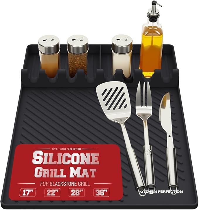 Kitchen perfection Silicone Grill Mat for Blackstone Griddle Accessories - Silicone Tools & Spatulas Mat with Drip Pad - Keeps Your Griddle Clean and Your Utensils Organized - Great BBQ Gift