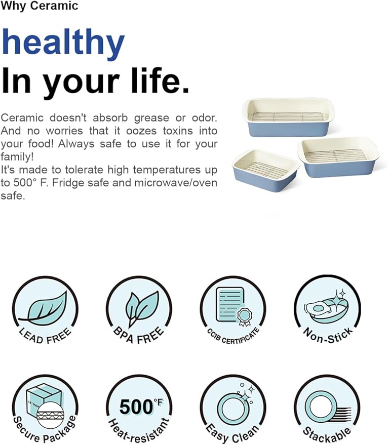 LE TAUCI Deep Casserole Dishes for Oven, 13.7”x9.6” Ceramic Baking Dish Set with Roasting Racks, Large Lasagna Pans with Handles, Rectangular Bakeware as Gift for Mom, Dusty Blue (4.6QT/3.0QT/1.6QT), Set of 3