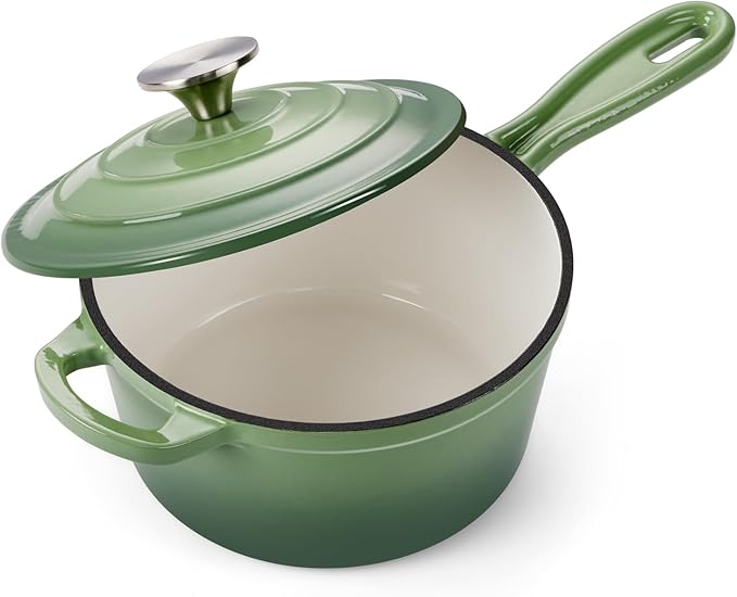 Onader Cast Iron Sauce Pan Pot, 2QT Small Saucepan with Lid, Enameled Cast Iron Dutch Oven Cooking Kitchen Pot – Pistachio Green