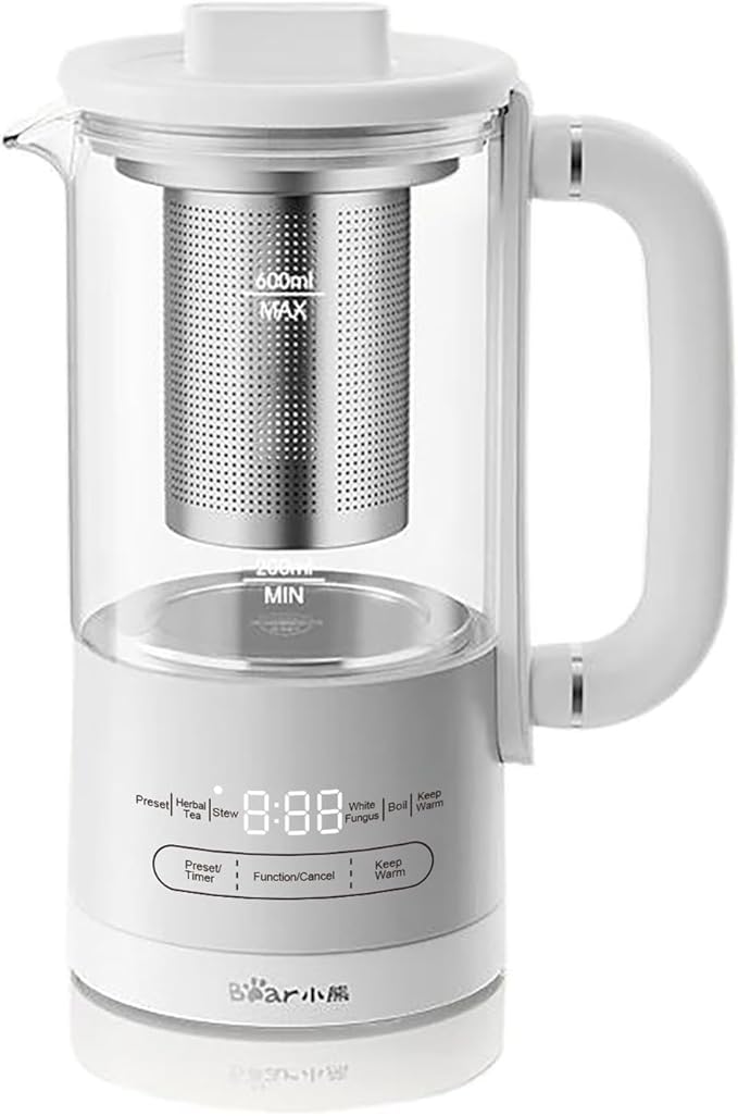 Bear HK-5L06P04 Mini Health Pot, Electric Kettle Tea Maker with Infuser, Glass Kettle & 316L Stainless Steel, 6 Auto Menus, 0.6L Compact Size, White