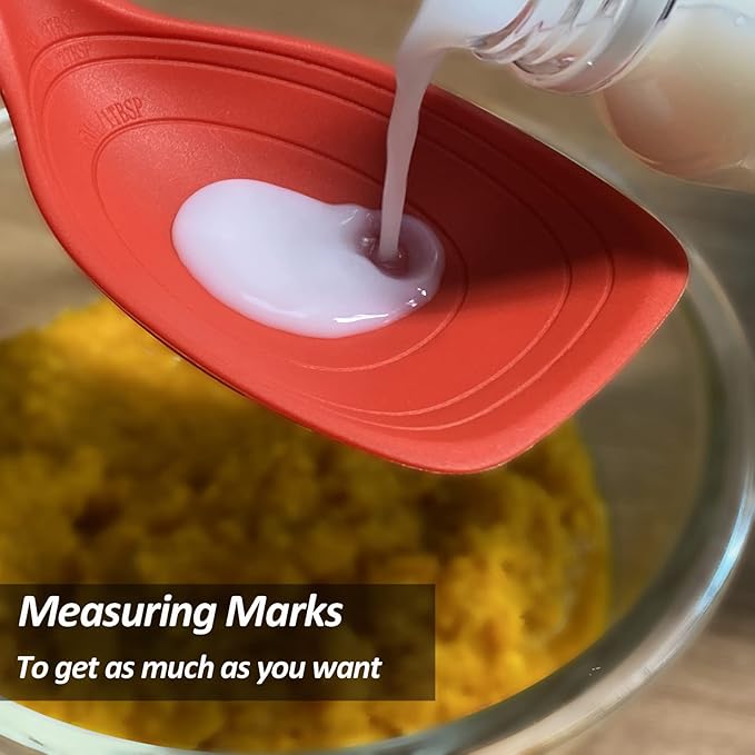 Large Silicone Cooking Spoon, Non-Stick Solid Spoon set with Deep Bolw and Measurement Mark for Mixing, Serving, Draining, Scooping, Scraping, Heat Resistant Kitchen Utensils, Red